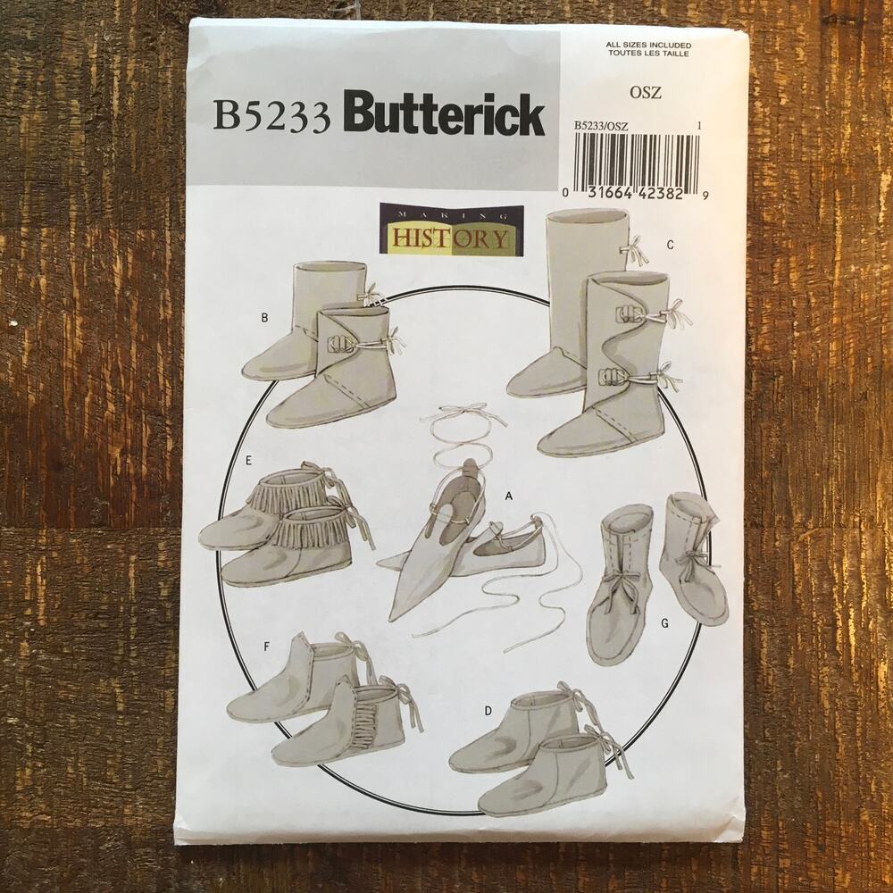 Butterick Sewing Pattern B5233 Historical Footwear Slippers Boot Moccasins UNCUT